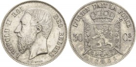 Belgien-Königreich
Leopold II. 1865-1909 50 Centimes 1866. KM 26 Prägefrisch