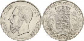 Belgien-Königreich
Leopold II. 1865-1909 5 Francs 1873, Brüssel Davenport 53 KM 24 Kl. Randfehler, vorzüglich-prägefrisch