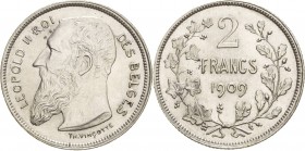 Belgien-Königreich
Leopold II. 1865-1909 2 Francs 1909. KM 59 Min. Flecke, vorzüglich-prägefrisch