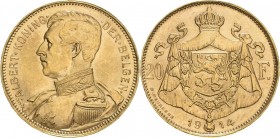 Belgien-Königreich
Albert I. 1909-1934 20 Francs 1914, Brüssel KM 78 Friedberg 421 Schlumberger 31 GOLD. 6.55 g. Vorzüglich-Stempelglanz
