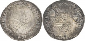 Belgien-Brabant
Philipp II. von Spanien 1555-1598 1/5 Ecu 1587, Hand-Antwerpen Delmonte - Gelder/Hoc 212-1 b Sehr schön
