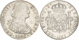 Bolivien
Karl IV. 1788-1808 8 Reales 1808, PSI/PI-Potosi KM 73 Cayon 13159 Davenport 337 Vorzüglich