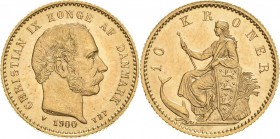 Dänemark
Christian IX. 1863-1906 10 Kroner 1900, VBP-Kopenhagen Hede 9 Friedberg 296 Schlumberger 74 GOLD. 4.48 g. Avers kl. Kratzer, vorzüglich/vorz...