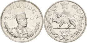 Iran
Reza Shah Pahlavi 1925-1941 5000 Dinars (5 Kran) 1927 (=SH 1306). KM 1106 Davenport 294 Revers kl. Kratzer, fast vorzüglich/vorzüglich