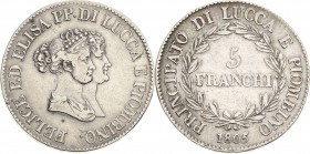 Italien-Lucca
Felix und Elisa Bonaparte 1805-1810 5 Franchi 1805, Florenz Montenegro 432 (R) Davenport 203 Selten. Sehr schön