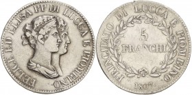Italien-Lucca
Felix und Elisa Bonaparte 1805-1810 5 Franchi 1807, Florenz Montenegro 437 Davenport 203 Sehr schön