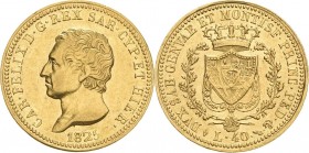 Italien-Sardinien
Karl Felix 1821-1831 40 Lire 1825, L-Turin Cudazzo 1033 c Pagani 42 Montenegro 24 Friedberg 1133 Schlumberger 156 GOLD. 12.88 g. Fa...