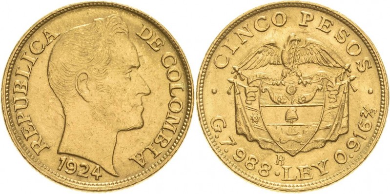 Kolumbien
Republik seit 1886 5 Pesos 1924. Friedberg 113 GOLD. 7.99 g. Sehr sch...