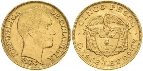 Kolumbien
Republik seit 1886 5 Pesos 1924. Friedberg 113 GOLD. 7.99 g. Sehr schön/sehr schön-vorzüglich