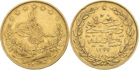 Osmanisches Reich
Abdul Aziz 1861-1876 100 Piaster 1862 (=AH 1277/2) Konstantinopel Friedberg 127 Schlumberger 381 GOLD. 7.15 g. Sehr schön