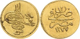 Osmanisches Reich
Abdul Aziz 1861-1876 5 Kurush 1873 (= AH 1277/12), Misr Friedberg 15 Pere 924 KM 255 GOLD. 0.44 g. Avers min. Belagreste, vorzüglic...