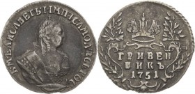 Russland
Elisabeth I. 1741-1761 Grivennik (10 Kopeken) 1751, MB-Moskau Bitkin 212 Sehr schön