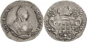 Russland
Elisabeth I. 1741-1761 Grivennik (10 Kopeken) 1756, MB-Moskau Bitkin 231 Sehr schön+