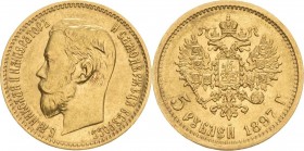 Russland
Nikolaus II. 1894-1917 5 Rubel 1897, St. Petersburg Bitkin 18 Schlumberger 217 Friedberg 180 GOLD. 4.28 g. Sehr schön-vorzüglich