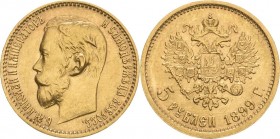 Russland
Nikolaus II. 1894-1917 5 Rubel 1899, St. Petersburg Bitkin 24 Schlumberger 220 Friedberg 180 GOLD. 4.29 g. Leicht berieben, sehr schön-vorzü...