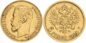 Russland
Nikolaus II. 1894-1917 5 Rubel 1900, St. Petersburg Bitkin 26 Schlumberger 221 Friedberg 180 GOLD. 4.28 g. Sehr schön