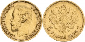 Russland
Nikolaus II. 1894-1917 5 Rubel 1900, St. Petersburg Bitkin 26 Schlumberger 221 Friedberg 180 GOLD. 4.29 g. Sehr schön