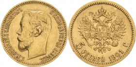 Russland
Nikolaus II. 1894-1917 5 Rubel 1901, St. Petersburg Bitkin 28 Schlumberger 222 Friedberg 180 GOLD. 4.30 g. Sehr schön