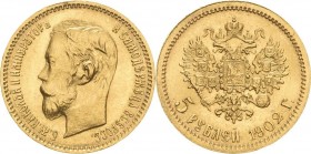 Russland
Nikolaus II. 1894-1917 5 Rubel 1902, St. Petersburg Bitkin 29 Friedberg 180 Schlumberger 224 GOLD. 4.30 g. Kl. Randfehler, vorzüglich-Stempe...