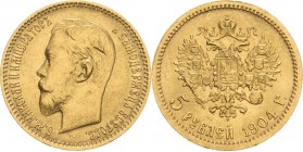 Russland
Nikolaus II. 1894-1917 5 Rubel 1904, St. Petersburg Bitkin 31 Friedberg 180 Schlumberger 226 4.30 g. Fast vorzüglich/vorzüglich