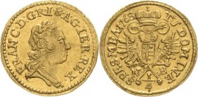 Habsburg
Franz I. 1745-1765 1/4 Dukat 1765, NB-Nagybanya Eypeltauer 622 Herinek 110 Friedberg 189 Huszar 1783 GOLD. Min. gewellt, vorzüglich-prägefri...