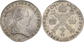 Habsburg
Franz II.(I.) 1792-1806 1/4 Taler 1797, C-Prag Jaeger 132 Revers min. justiert, vorzüglich