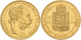 Kaiserreich Österreich
Franz Joseph I. 1848-1916 20 Franken (8 Forint) 1882, KB-Kremnitz Jaeger 364 a Friedberg 243 Schlumberger 69 GOLD. 6.44 g. Kle...