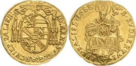 Geistlichkeiten - Salzburg
Johann Ernst von Thun und Hohenstein 1687-1709 1/4 Dukat 1688. Zöttl 2147 Probszt 1788 Friedberg 835 GOLD. 0.87 g. Vorzügl...