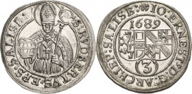 Geistlichkeiten - Salzburg
Johann Ernst von Thun und Hohenstein 1687-1709 3 Kreuzer 1689. Zöttl 2222 Probszt 1858 Prachtexemplar. Stempelglanz