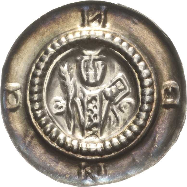 Fulda, Abtei
Heinrich V. 1288-1313 Brakteat Hüftbild des Abtes hält Palmwedel u...