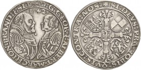 Brandenburg-Franken
Georg von Ansbach und Albrecht der Jüngere von Bayreuth 1536-1543 1/2 Taler 1542. Slg. Wilmersdörffer - Slg. Grüber - Äußerst sel...