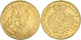 Brandenburg-Ansbach
Karl Wilhelm Friedrich 1729-1757 Carolin 1735, Schwabach Slg. Wilmersdörffer - Friedberg 348 Slg. Grüber 4432 GOLD. 9.80 g. Avers...