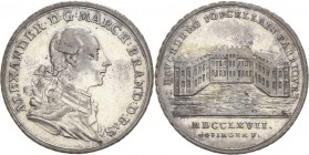 Brandenburg-Ansbach
Alexander 1757-1791 Silbermedaille 1767 (Götzinger) Auf die Bruckberger Porzellanfabrik. Brustbild nach rechts / Schloß. 35 mm, 1...