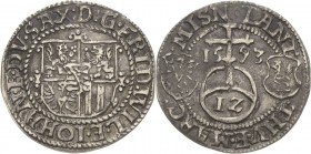 Sachsen-Weimar (Alt-Weimar) 1572-1603
Friedrich Wilhelm und Johann 1573-1602 12 Pfennige 1593, o. Mmz.-Saalfeld Koppe 144 (dieses Exemplar) Äußerst s...