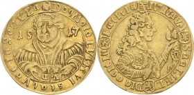 Sachsen-Saalfeld
Johann Ernst 1680-1729 Dukat 1717, o.Mzz.-Saalfeld 200 Jahre Reformation. Interessante Variante mit nach unten weisenden Buchaufdruc...