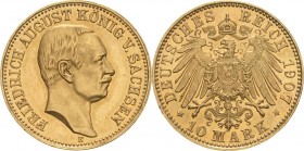 Sachsen
Friedrich August III. 1904-1918 10 Mark 1907 E Jaeger 267 Kl. Randfehler, vorzüglich-Stempelglanz