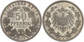 Kleinmünzen
 50 Pfennig 1902 F Jaeger 15 Prachtvolles Exemplar mit herrlicher Patina. Vom Erstabschlag. Stempelglanz