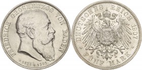 Baden
Friedrich I. 1856-1907 5 Mark 1907 (G) Auf seinen Tod Jaeger 37 Avers kl. Kratzer, vorzüglich-Stempelglanz