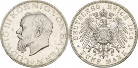 Bayern
Ludwig III. 1913-1918 5 Mark 1914 D Jaeger 53 Selten in dieser Erhaltung. Min. Kratzer, Polierte Platte