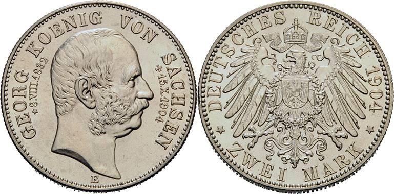 Sachsen
Georg 1902-1904 2 Mark 1904 E Auf seinen Tod Jaeger 132 Vorzüglich-Stem...