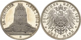 Sachsen
Friedrich August III. 1904-1918 3 Mark 1913 E Völkerschlachtdenkmal Jaeger 140 Avers kl. Kratzer, Polierte Platte-