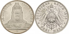 Sachsen
Friedrich August III. 1904-1918 3 Mark 1913 E Völkerschlachtdenkmal Jaeger 140 Fast Stempelglanz/Stempelglanz