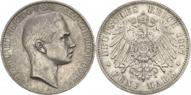 Sachsen-Coburg-Gotha
Carl Eduard 1900-1918 5 Mark 1907 A Jaeger 148 Kl. Kratzer, vorzüglich/vorzüglich-Stempelglanz