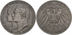 Sachsen-Weimar-Eisenach
Wilhelm Ernst 1901-1918 5 Mark 1903 A 1. Hochzeit Jaeger 159 Feine Patina, Avers kl. Kratzer, vorzüglich