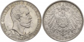 Schwarzburg-Sondershausen
Karl Günther 1880-1909 2 Mark 1905 (A) Regierungsjubiläum. Breiter Randstab Jaeger 169 b Feine Patina, fast Stempelglanz/St...