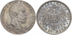 Schwarzburg-Sondershausen
Karl Günther 1880-1909 2 Mark 1905 (A) Regierungsjubiläum. Schmaler Randstab Jaeger 169 a Feine Patina, kl. Kratzer, Polier...