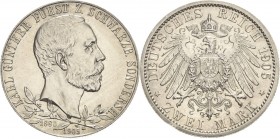 Schwarzburg-Sondershausen
Karl Günther 1880-1909 2 Mark 1905 (A) Regierungsjubiläum. Schmaler Randstab Jaeger 169 a Kl. Randfehler, vorzüglich/Stempe...