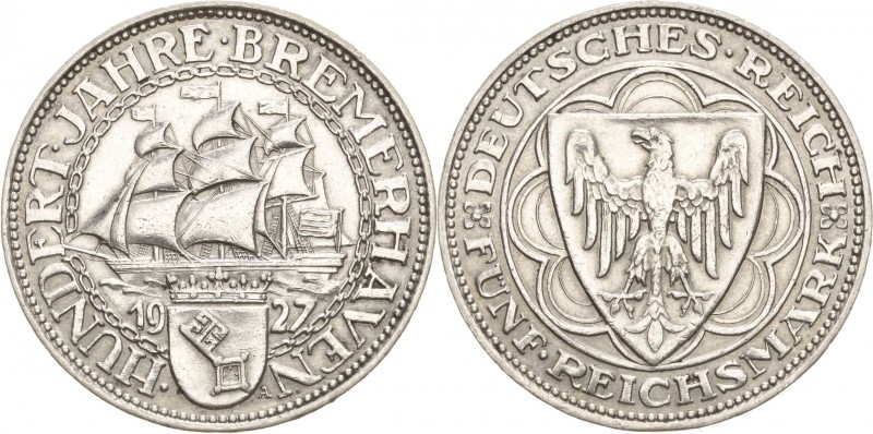 Gedenkausgaben
 5 Reichsmark 1927 A Bremerhaven Jaeger 326 Sehr schön-vorzüglic...