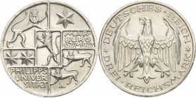 Gedenkausgaben
 3 Reichsmark 1927 A Marburg Jaeger 330 Kl. Randfehler, Stempelglanz/fast Stempelglanz