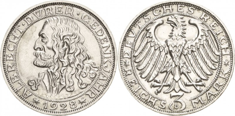 Gedenkausgaben
 3 Reichsmark 1928 D Dürer Jaeger 332 Kl. Randfehler, vorzüglich...